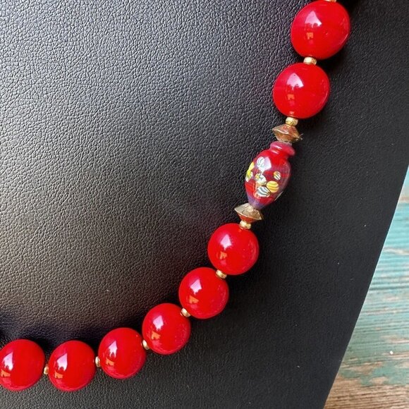 Fashion Necklace Red‎ Glass Millefiori Venetian Metal Spacer Beads Floral 31" - Picture 4 of 9